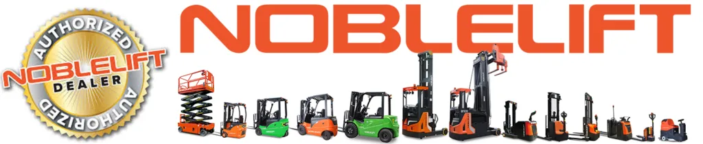 Photo banner of Noblelift products including stackers and forklifts, recognizing that Coastal Material Handling is a certified Noblelift Forklift Dealer