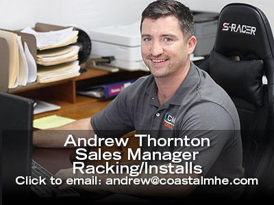 , Racking Service and Sales Manager at Coastal Material Handling. The photo includes Andrew's name, title, and email address.