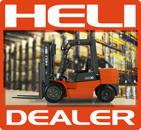 Heli forklifts logo and forklift pictured to indicate Coastal Material Handling is an authorized dealer of HELI products.