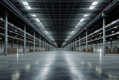 An empty warehouse with polished concrete floors. Light comes into the warehouse through skylights in the ceiling.