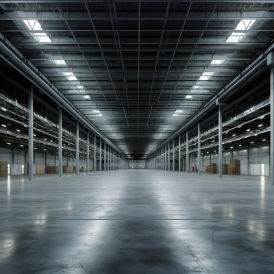 An empty warehouse with polished concrete floors. Light comes into the warehouse through skylights in the ceiling.