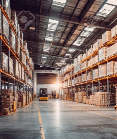 Photo of a fully stocked warehouse with industrial racking, smooth concrete floors, overhead lighting, and high ceilings.