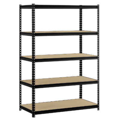 A set of new shelving with metal framing and wooden shelves against a white background