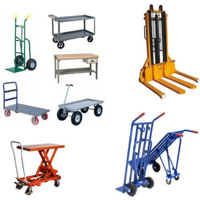 variety of warehouse equipment Photo of a variety of warehouse equipment including a wheeled cart, dolly, wagon, and a material stacker.