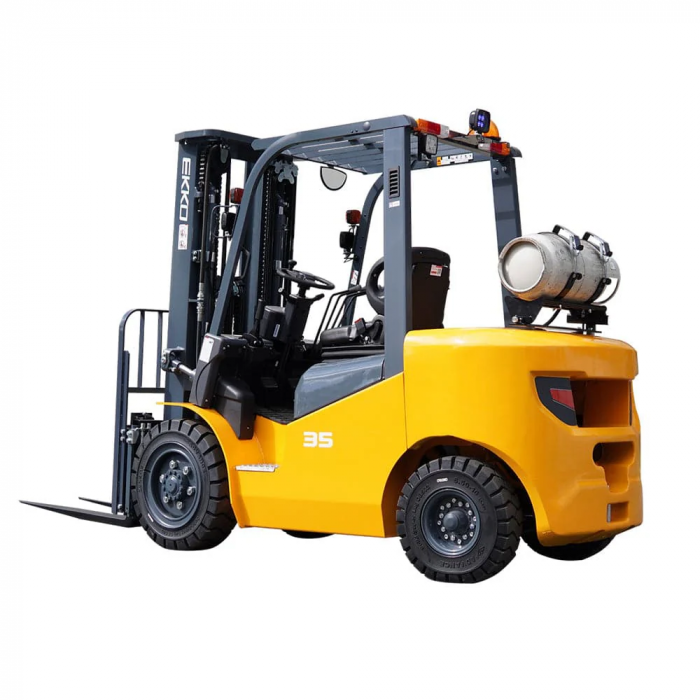 ekko forklift A black and yellow Ekko forklift against a white background